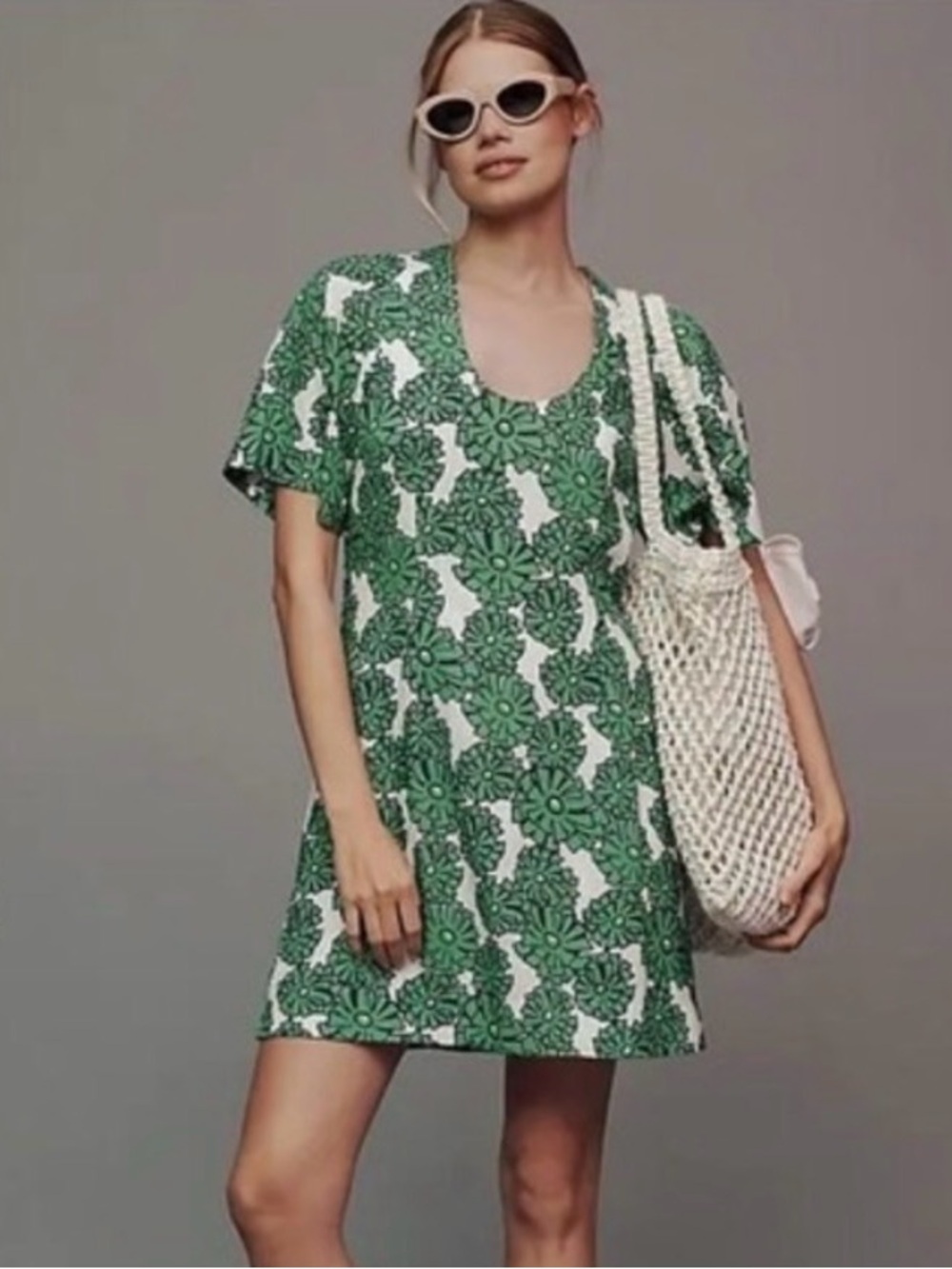 Porridge Anthropologie Kelly Green Floral Printed Linen Blend Mini Dress size S